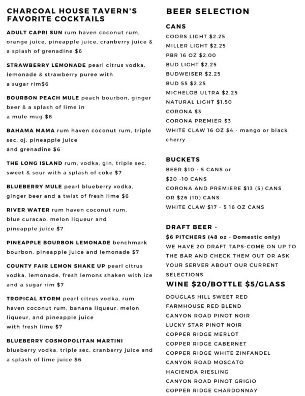 Menu Charcoal House Tavern